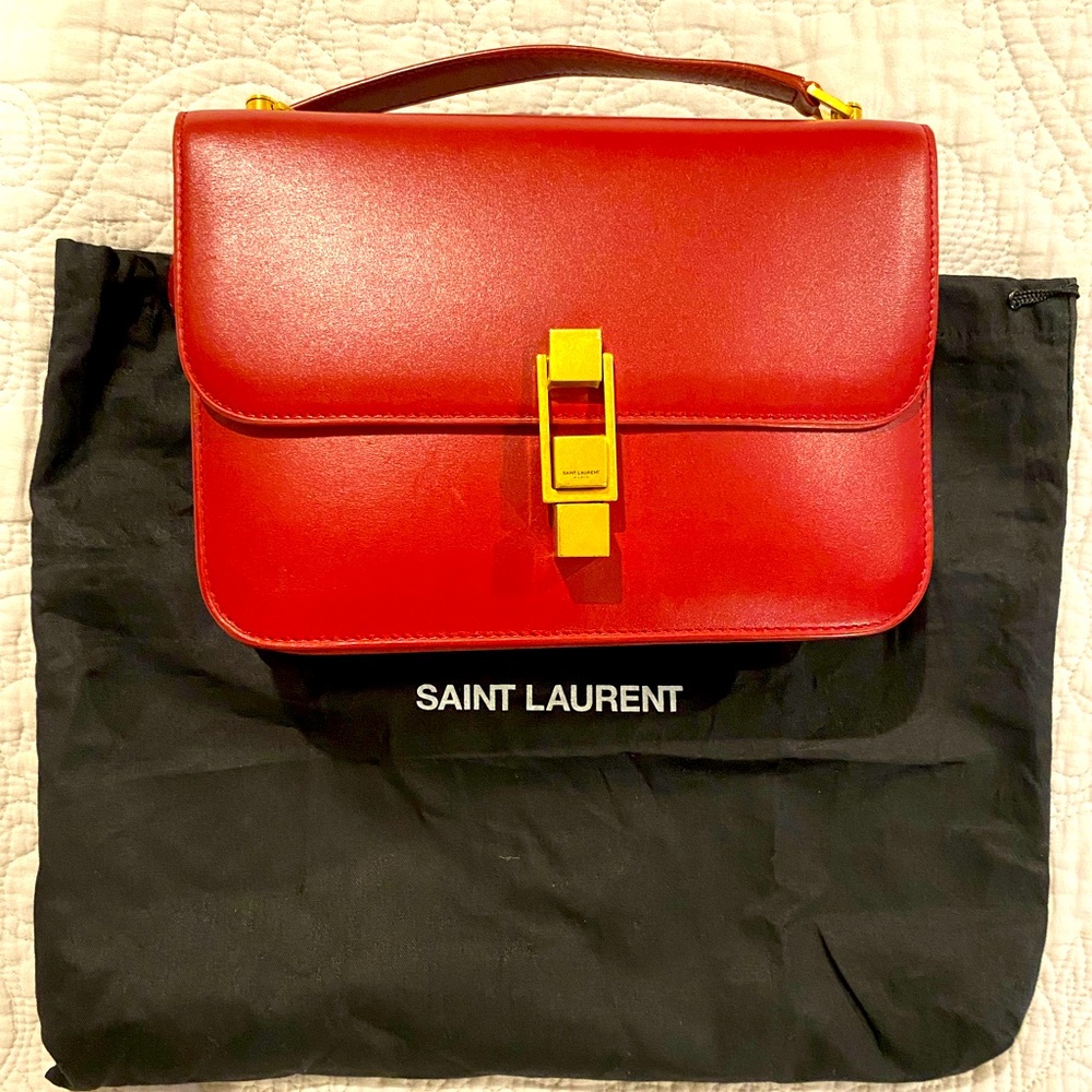 Brand New Authentic SAINT LAURENT
Smooth Calfskin Carre Satchel Royal